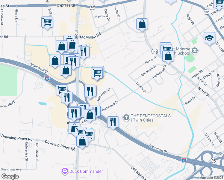map of restaurants, bars, coffee shops, grocery stores, and more near 102 Teakwood Drive in West Monroe
