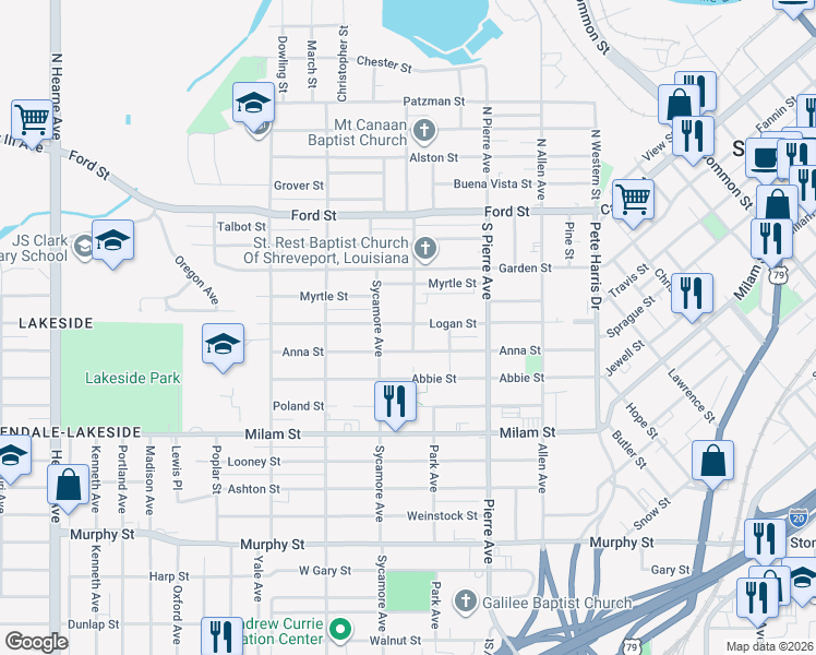 map of restaurants, bars, coffee shops, grocery stores, and more near 1717 Logan Street in Shreveport