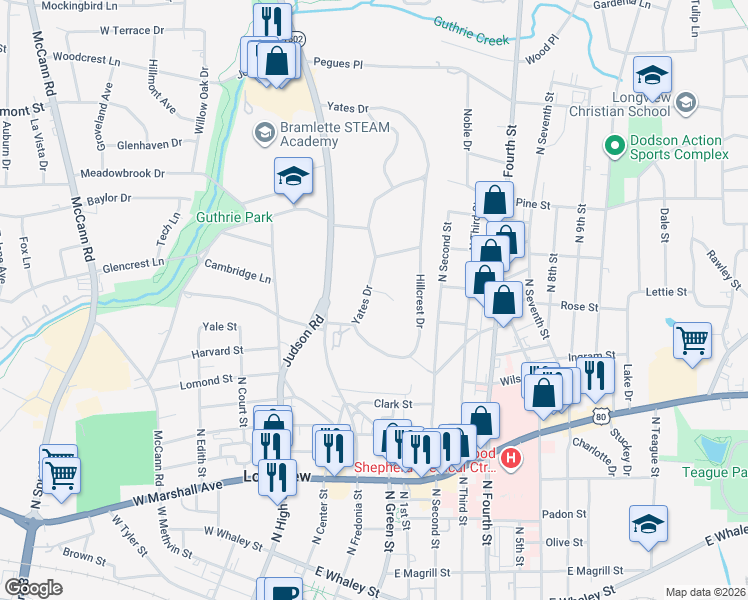 map of restaurants, bars, coffee shops, grocery stores, and more near 1101 Yates Drive in Longview