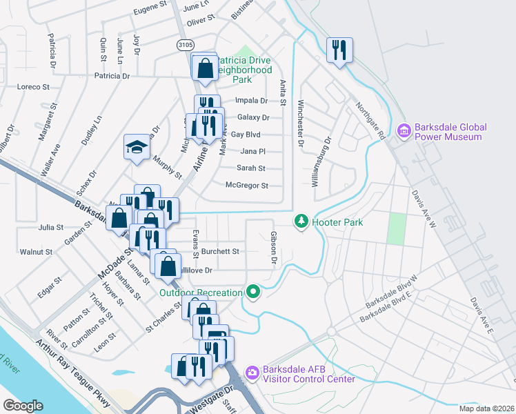 map of restaurants, bars, coffee shops, grocery stores, and more near 1427 Cynthia Lane in Bossier City