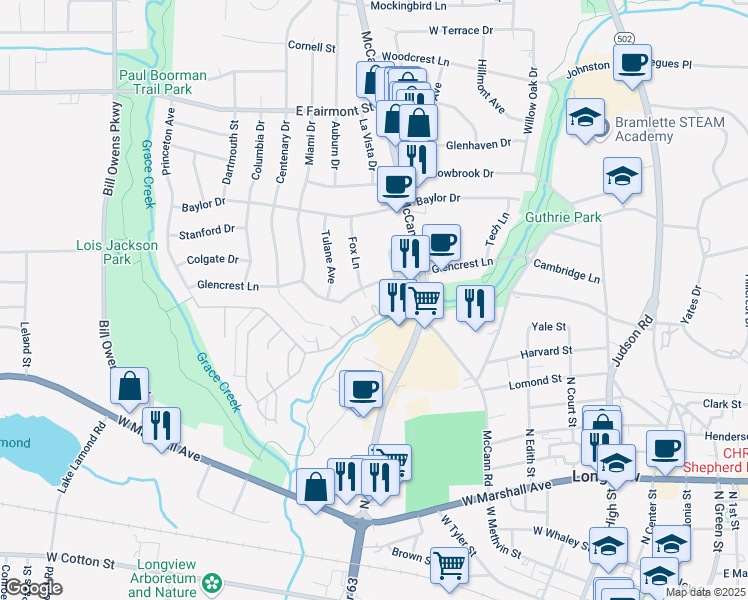 map of restaurants, bars, coffee shops, grocery stores, and more near 6 Bunker Hill Court in Longview