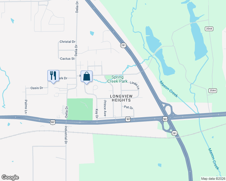 map of restaurants, bars, coffee shops, grocery stores, and more near 700 Tullie Drive in Longview