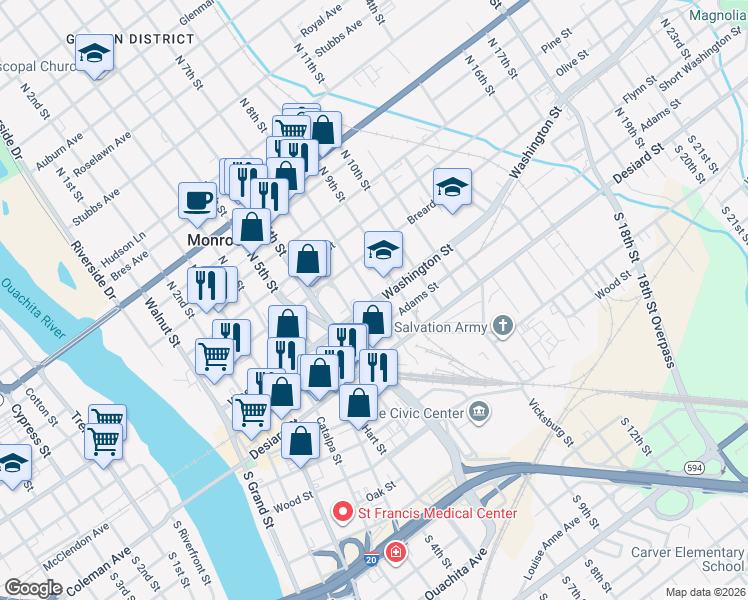 map of restaurants, bars, coffee shops, grocery stores, and more near 301 North 8th Street in Monroe