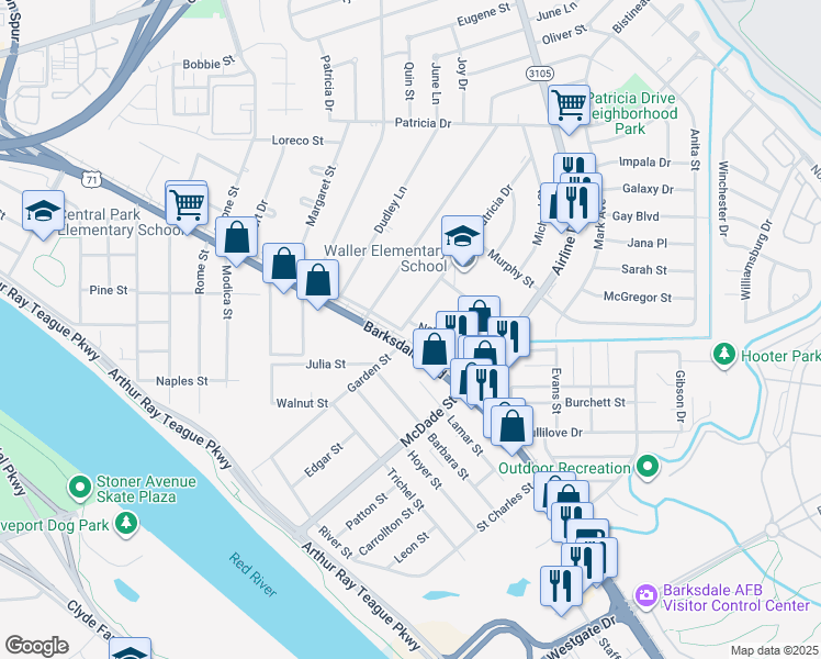 map of restaurants, bars, coffee shops, grocery stores, and more near in Bossier City