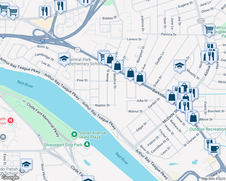 map of restaurants, bars, coffee shops, grocery stores, and more near 820 Modica Street in Bossier City