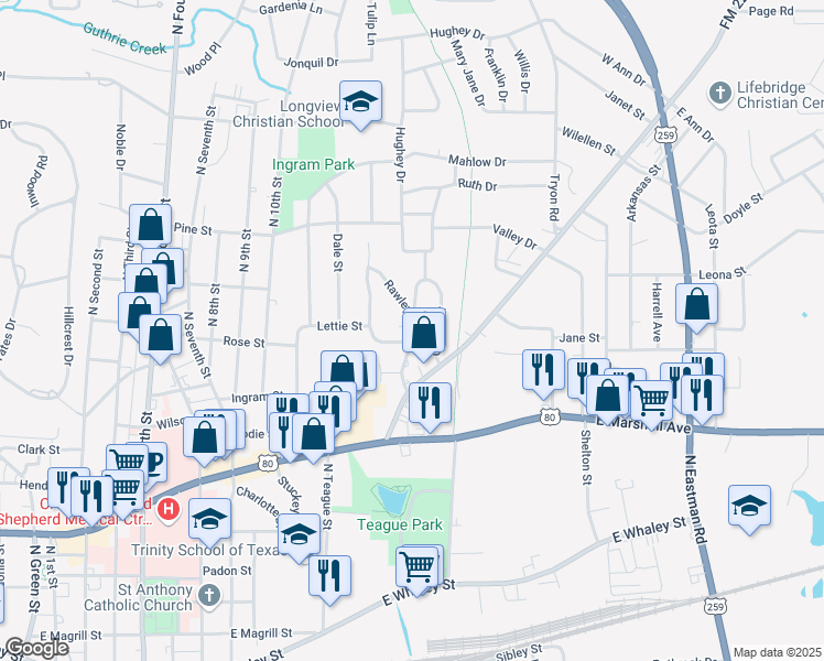 map of restaurants, bars, coffee shops, grocery stores, and more near 307 Glover Drive in Longview