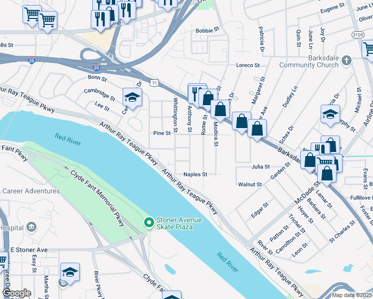 map of restaurants, bars, coffee shops, grocery stores, and more near 719 Anthony Street in Bossier City