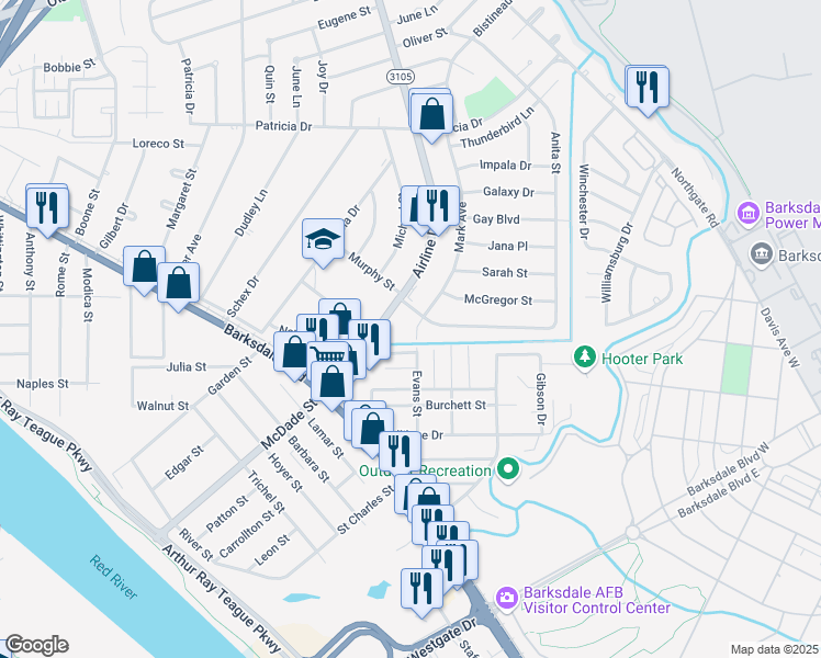map of restaurants, bars, coffee shops, grocery stores, and more near 1283 Mark Avenue in Bossier City