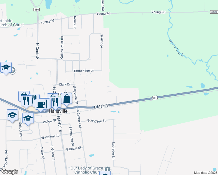map of restaurants, bars, coffee shops, grocery stores, and more near 505 East Main Street in Hallsville
