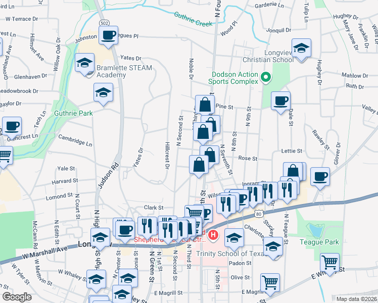 map of restaurants, bars, coffee shops, grocery stores, and more near 1015 North Third Street in Longview