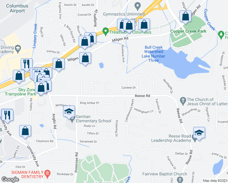 map of restaurants, bars, coffee shops, grocery stores, and more near 4318 Tumblestone Court in Columbus