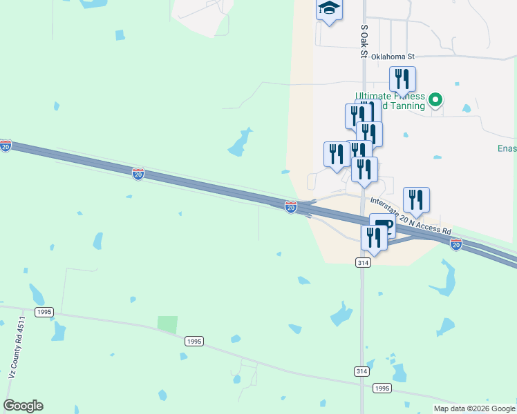 map of restaurants, bars, coffee shops, grocery stores, and more near East Interstate Highway 20 in Kaufman County