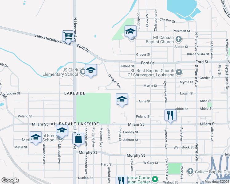 map of restaurants, bars, coffee shops, grocery stores, and more near 330 Oregon Avenue in Shreveport