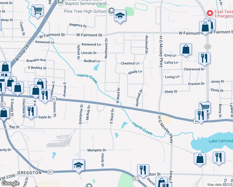 map of restaurants, bars, coffee shops, grocery stores, and more near 1006 Bazzell Drive in Longview