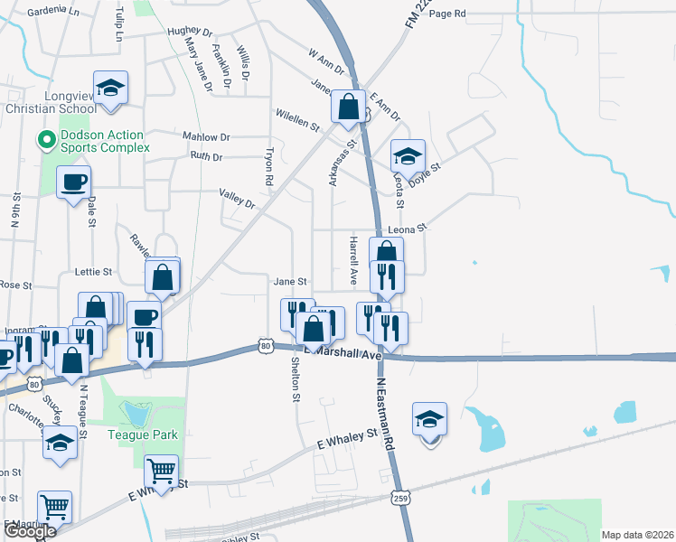 map of restaurants, bars, coffee shops, grocery stores, and more near 621 Harrell Avenue in Longview