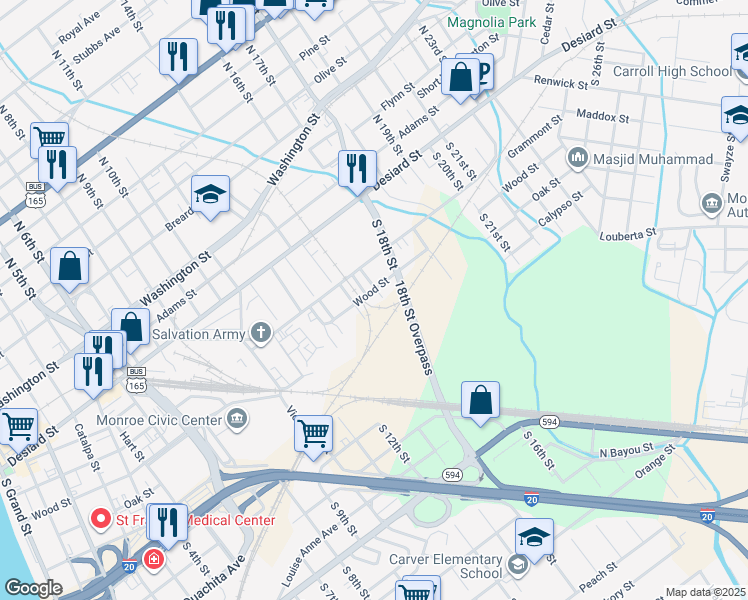 map of restaurants, bars, coffee shops, grocery stores, and more near 1600-1698 Wood St in Monroe