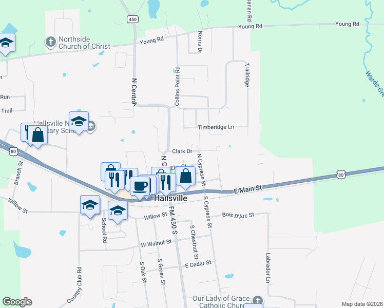 map of restaurants, bars, coffee shops, grocery stores, and more near 111 Clark Street in Hallsville