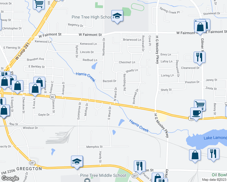 map of restaurants, bars, coffee shops, grocery stores, and more near 1102 Stonehaven Drive in Longview