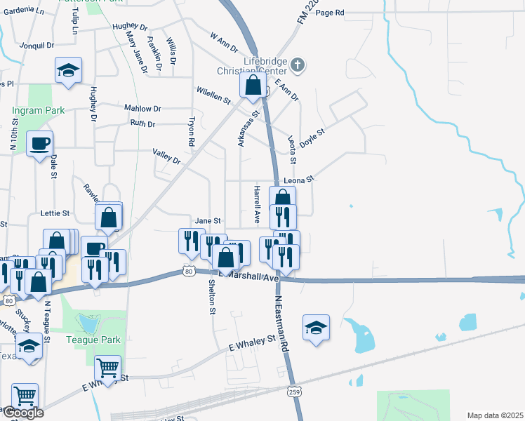 map of restaurants, bars, coffee shops, grocery stores, and more near 621 Harrell Avenue in Longview