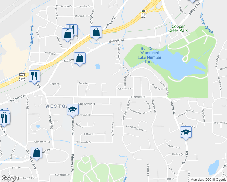 map of restaurants, bars, coffee shops, grocery stores, and more near 4203 Bonnie Drive in Columbus
