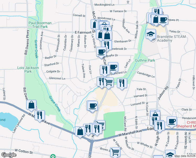 map of restaurants, bars, coffee shops, grocery stores, and more near 817 Glencrest Lane in Longview