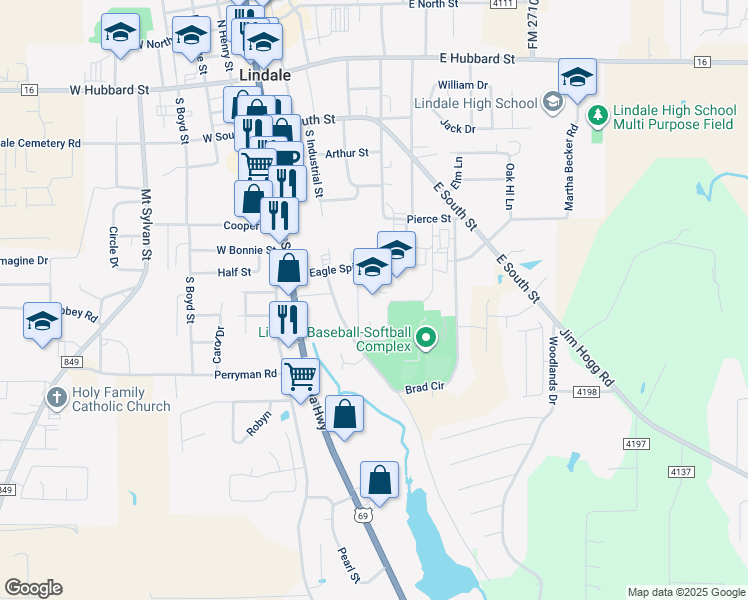 map of restaurants, bars, coffee shops, grocery stores, and more near 409 East Eagle Spirit Drive in Lindale