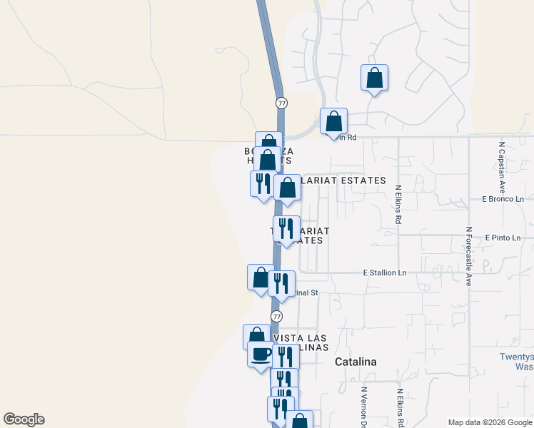 map of restaurants, bars, coffee shops, grocery stores, and more near 16633 North Oracle Road in Tucson