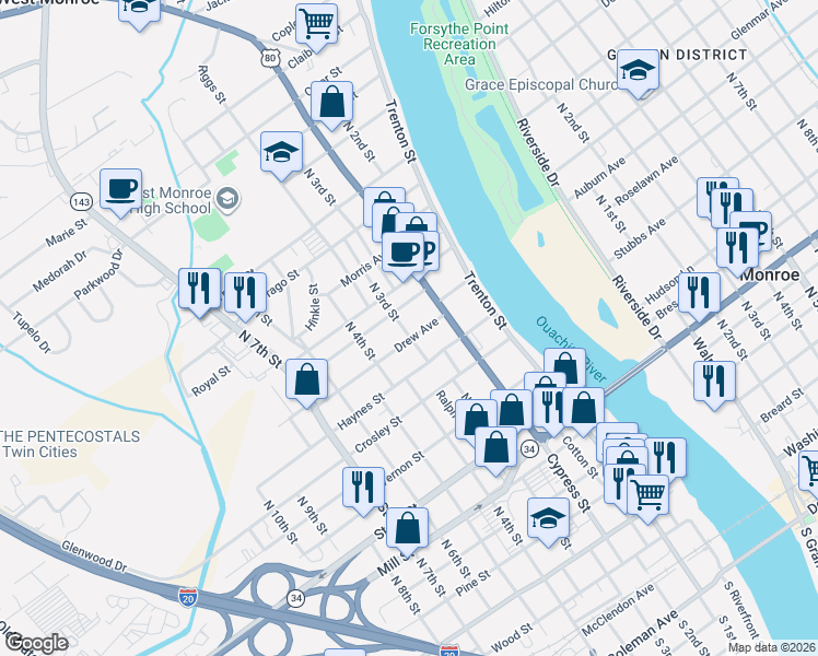 map of restaurants, bars, coffee shops, grocery stores, and more near 212 Drew Avenue in West Monroe
