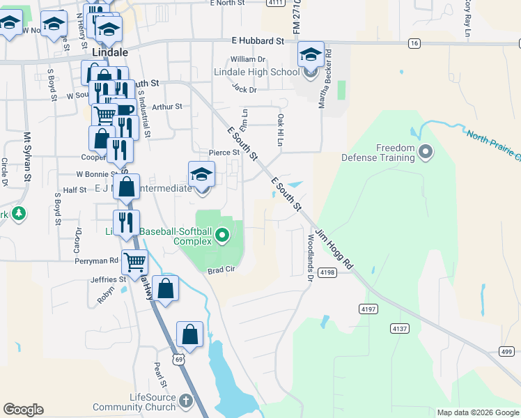 map of restaurants, bars, coffee shops, grocery stores, and more near 902 Brad Circle in Lindale