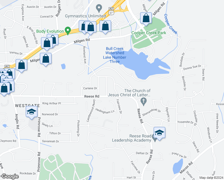 map of restaurants, bars, coffee shops, grocery stores, and more near 4536 Fairview Drive in Columbus
