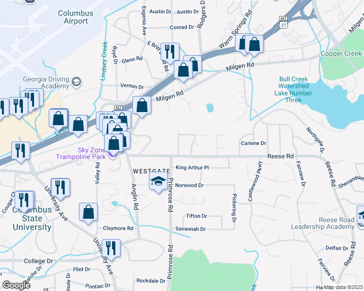 map of restaurants, bars, coffee shops, grocery stores, and more near 4525 Gladys Drive in Columbus