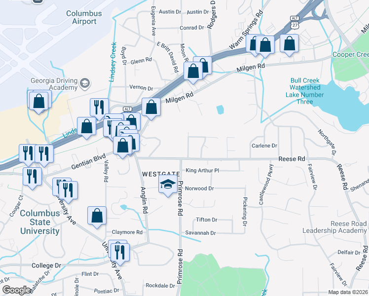 map of restaurants, bars, coffee shops, grocery stores, and more near 4525 Gladys Drive in Columbus