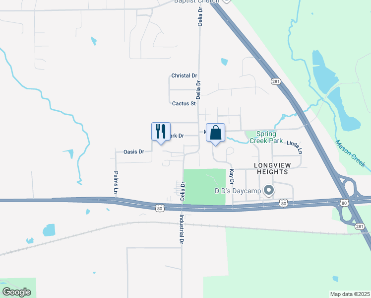 map of restaurants, bars, coffee shops, grocery stores, and more near 705 Delia Drive in Longview