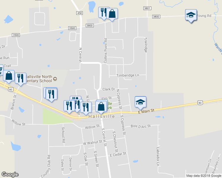 map of restaurants, bars, coffee shops, grocery stores, and more near 125 Clark Drive in Hallsville