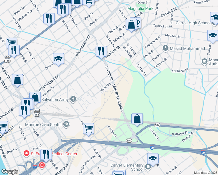 map of restaurants, bars, coffee shops, grocery stores, and more near 1600 Wood St in Monroe