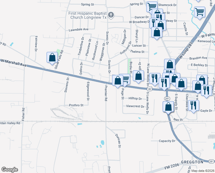 map of restaurants, bars, coffee shops, grocery stores, and more near 4600 West Marshall Avenue in Longview