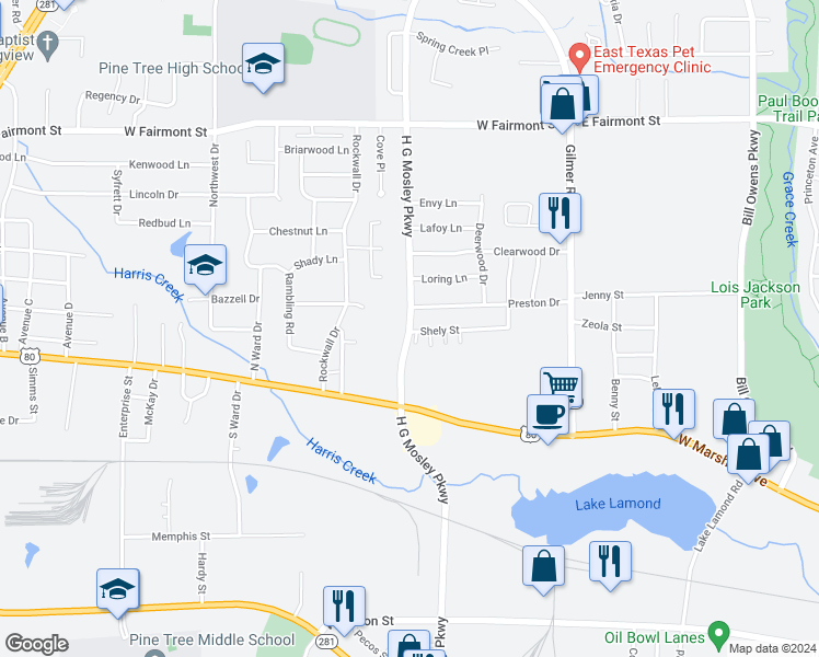 map of restaurants, bars, coffee shops, grocery stores, and more near H G Moseley Parkway in Longview