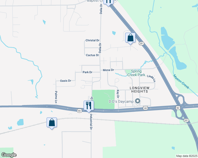 map of restaurants, bars, coffee shops, grocery stores, and more near 705 Delia Drive in Longview