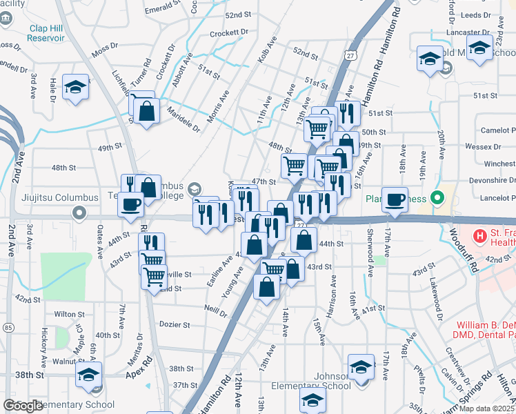 map of restaurants, bars, coffee shops, grocery stores, and more near 4518 Gilbert Avenue in Columbus