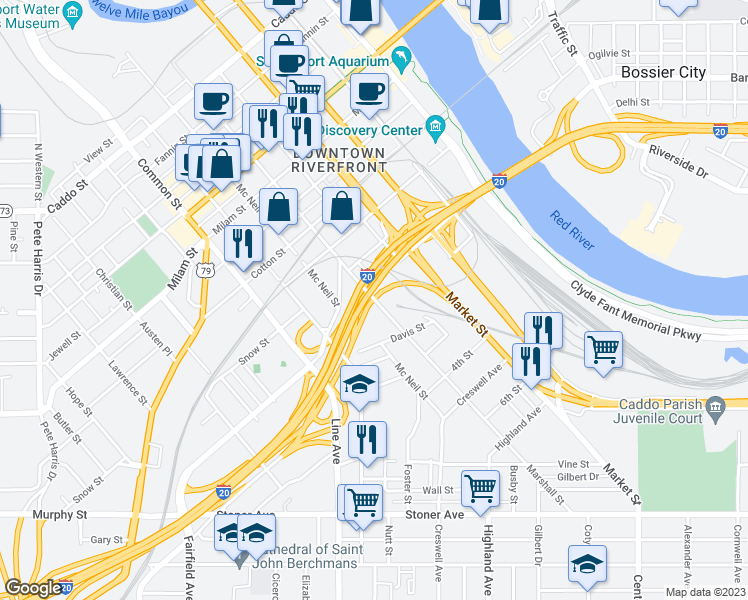 map of restaurants, bars, coffee shops, grocery stores, and more near Marshall Street in Shreveport