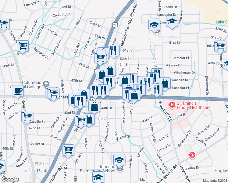 map of restaurants, bars, coffee shops, grocery stores, and more near 4522 16th Avenue in Columbus