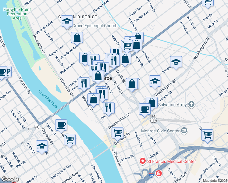 map of restaurants, bars, coffee shops, grocery stores, and more near 408 Pine St in Monroe