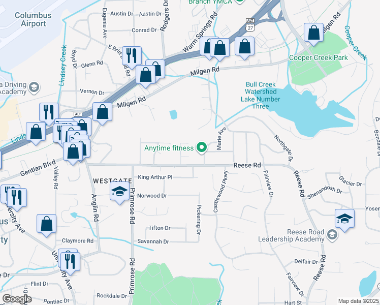 map of restaurants, bars, coffee shops, grocery stores, and more near 4315 Tumblestone Court in Columbus