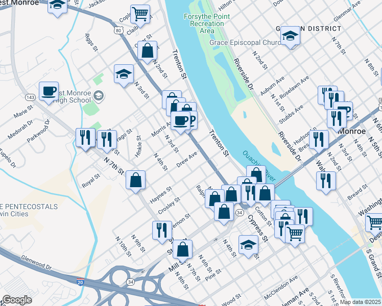map of restaurants, bars, coffee shops, grocery stores, and more near 212 Drew Avenue in West Monroe
