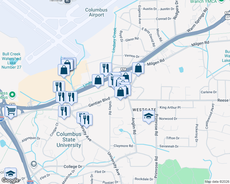 map of restaurants, bars, coffee shops, grocery stores, and more near 3705 Gentian Boulevard in Columbus