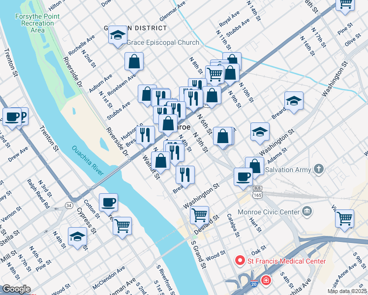 map of restaurants, bars, coffee shops, grocery stores, and more near 408 Pine Street in Monroe