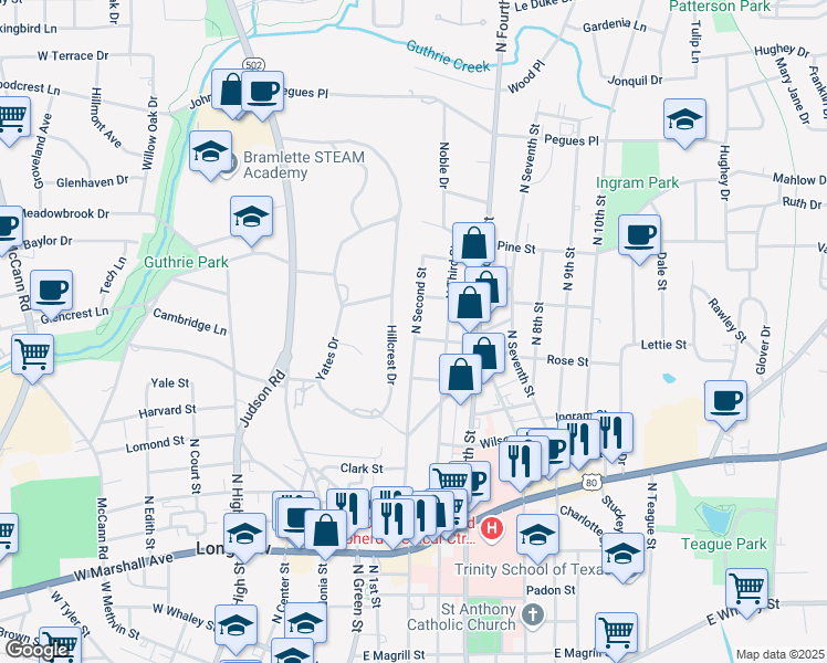 map of restaurants, bars, coffee shops, grocery stores, and more near 1108 Hillcrest Drive in Longview