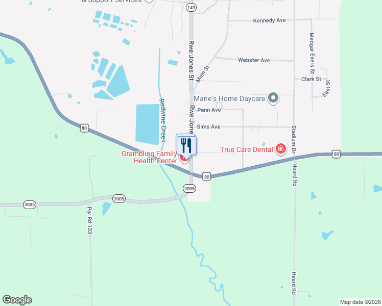 map of restaurants, bars, coffee shops, grocery stores, and more near 101-129 Patton Street in Grambling