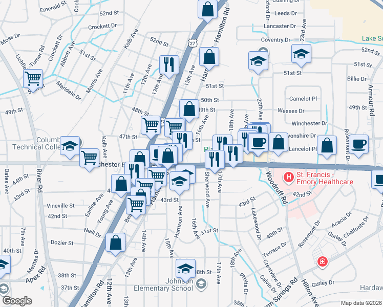 map of restaurants, bars, coffee shops, grocery stores, and more near 4522 16th Avenue in Columbus