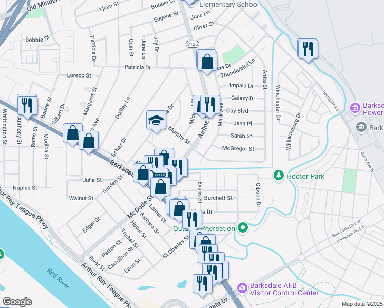 map of restaurants, bars, coffee shops, grocery stores, and more near 1290 Airline Drive in Bossier City